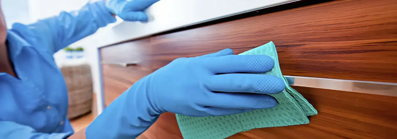 Cleaner wearing blue gloves wiping a wooden cabinet drawer with a microfiber cloth for dust and grime removal, Dover, DE.