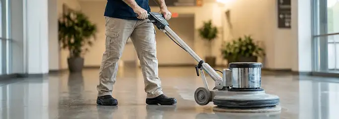 Professional technician using an industrial floor buffer to polish and maintain shiny commercial flooring in a corporate hallway in Dover, DE.