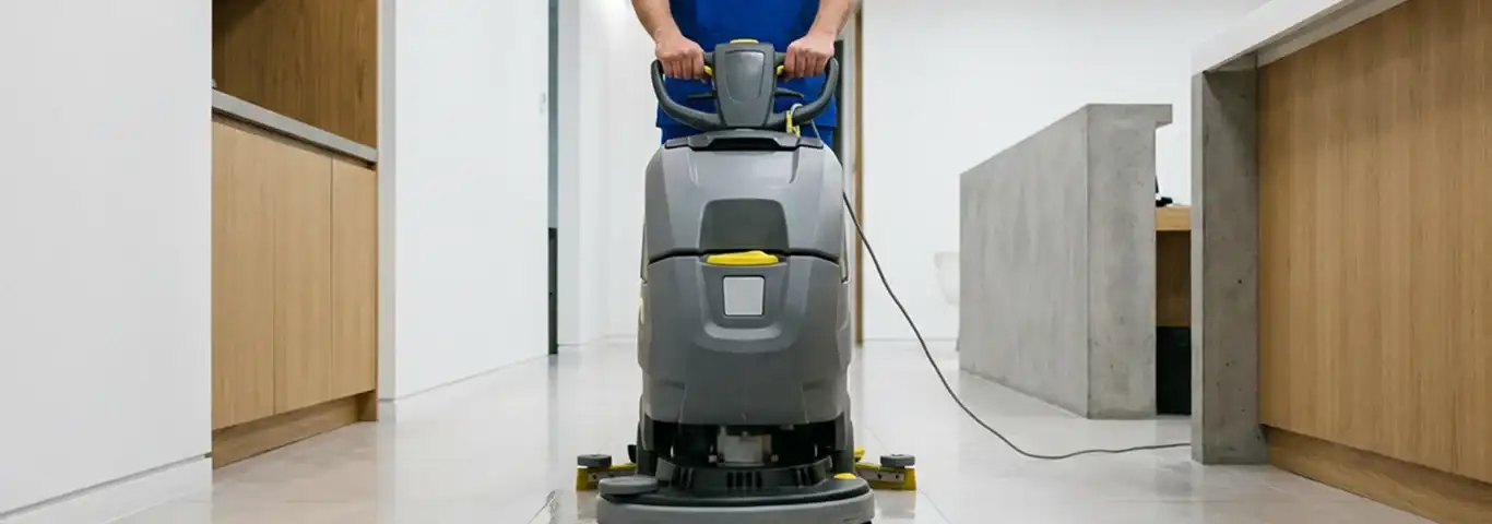 Janitorial staff using a floor scrubber machine to clean a commercial hallway, Dover, DE.
