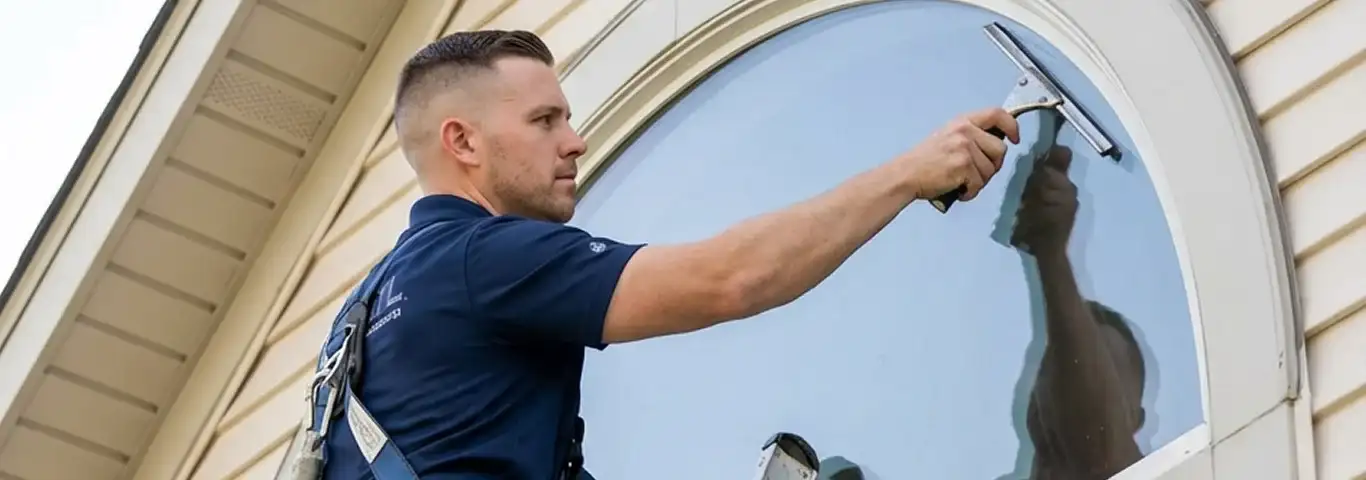 Professional window cleaner using a squeegee to clean an exterior arched window on a home, Dover, DE.