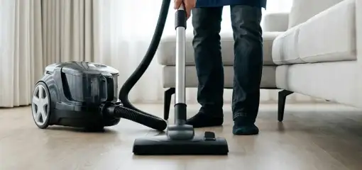 Professional house cleaner vacuuming a living room floor with a canister vacuum cleaner, Dover, DE.