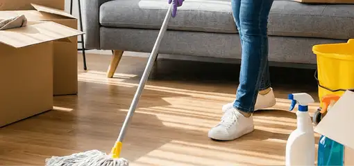 Move-out cleaning setup with a cleaner mopping hardwood floors near moving boxes and cleaning supplies, Dover, DE.