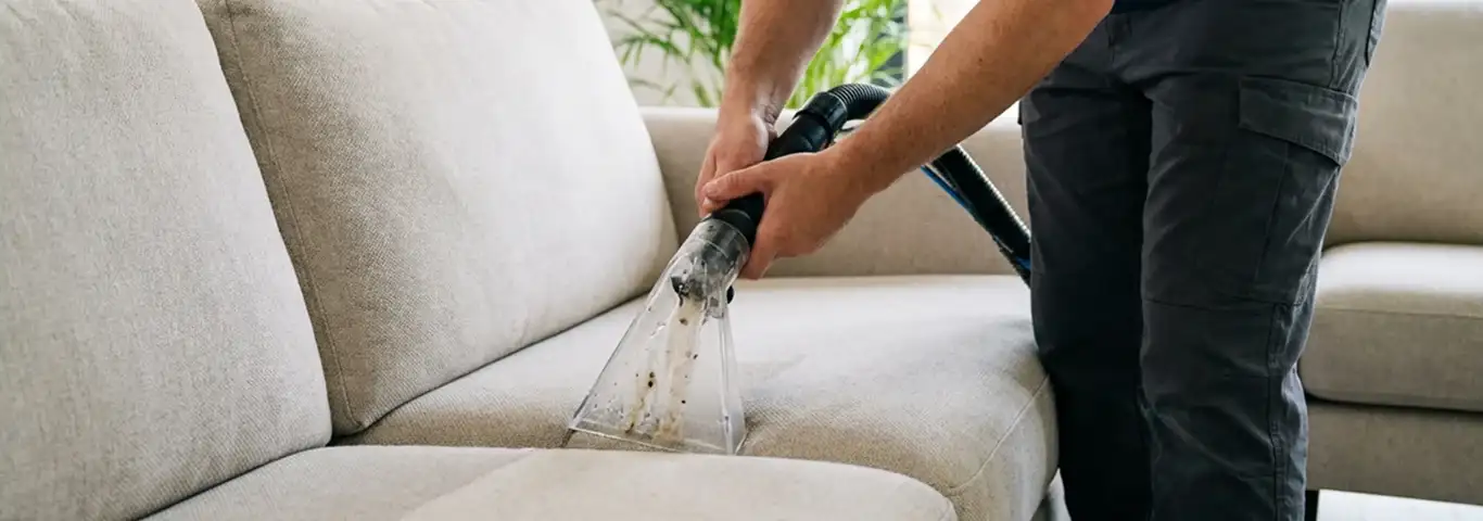Technician extracting dirt and moisture from a fabric sofa with an upholstery cleaning wand, Dover, DE.