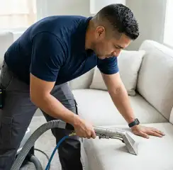 Professional upholstery cleaning technician using an extraction wand to deep-clean a fabric sofa, Dover, DE.