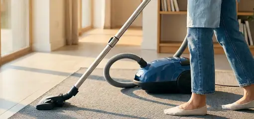 Person vacuuming a living room rug with a canister vacuum cleaner near large windows, Dover, DE.